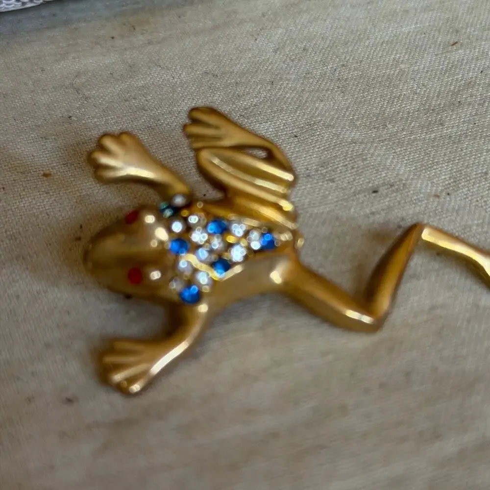 Vintage Gold Frog Brooch with Blue and Red Accents